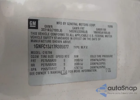 2007 Chevrolet Tahoe Lt from USA, damaged, VIN 1GNFC13J17R305077